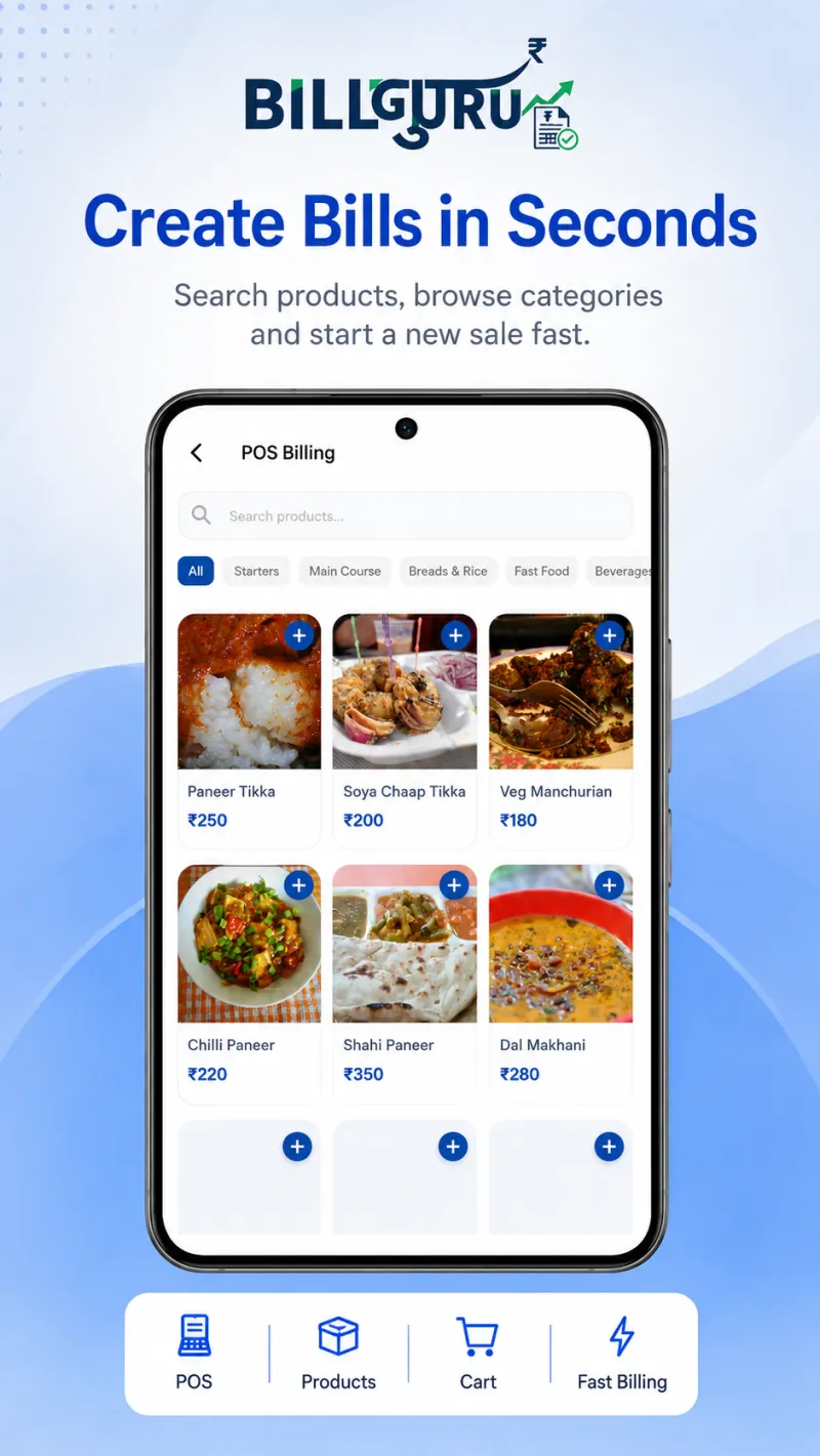Creating a bill in the Bill Guru POS app by searching products and browsing categories