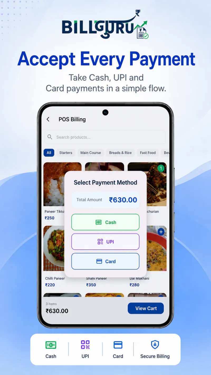 Bill Guru payment screen accepting cash, UPI and card payments