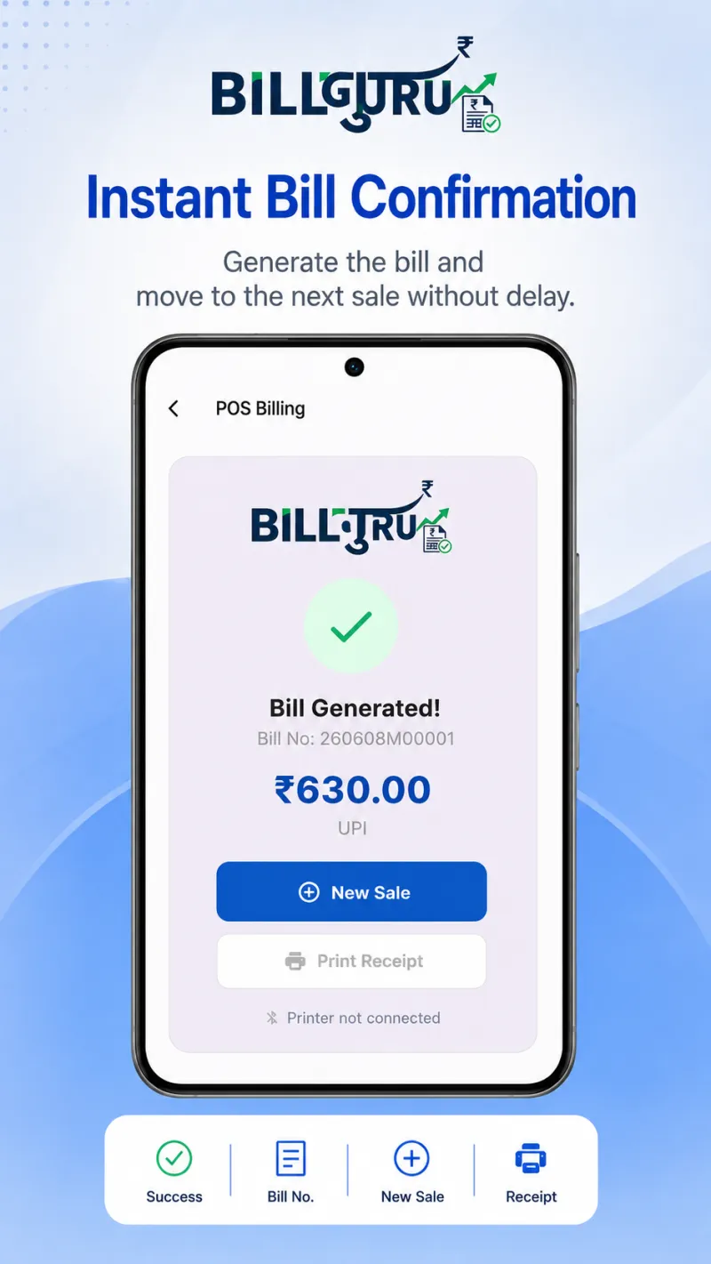 Bill confirmation screen after generating a receipt in Bill Guru