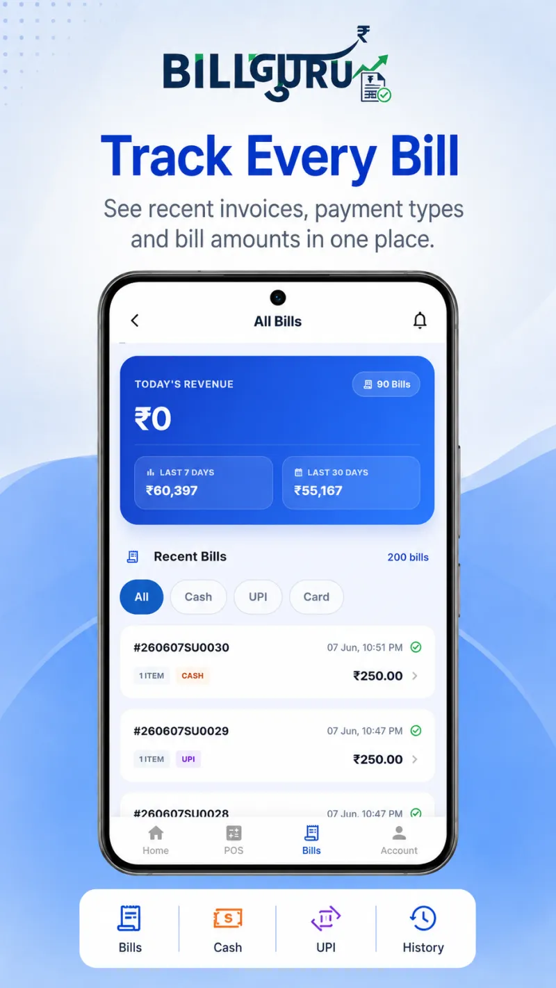 Bill Guru all bills screen listing recent invoices with payment type and amounts