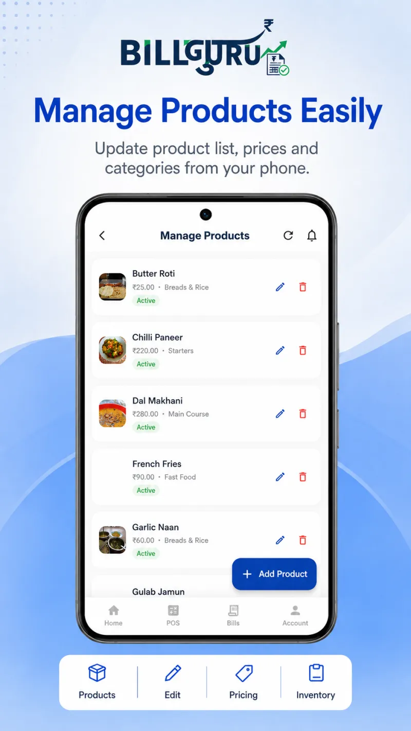 Managing product list, prices and categories in the Bill Guru Android app